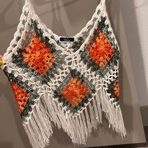 Orange, white and green crochet summer spaghetti strap top